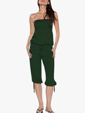 Amazon  Romper Jumpsuit Dark Green Drawstring Capri Pants